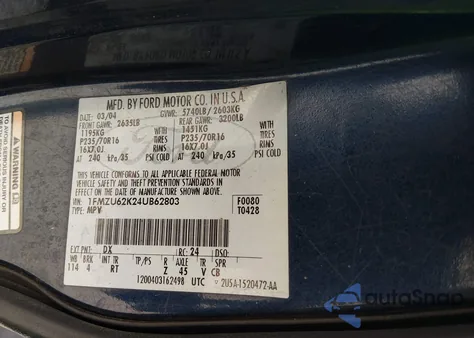 2004 Ford Explorer Xls z USA, uszkodzony, nr VIN 1FMZU62K24UB62803